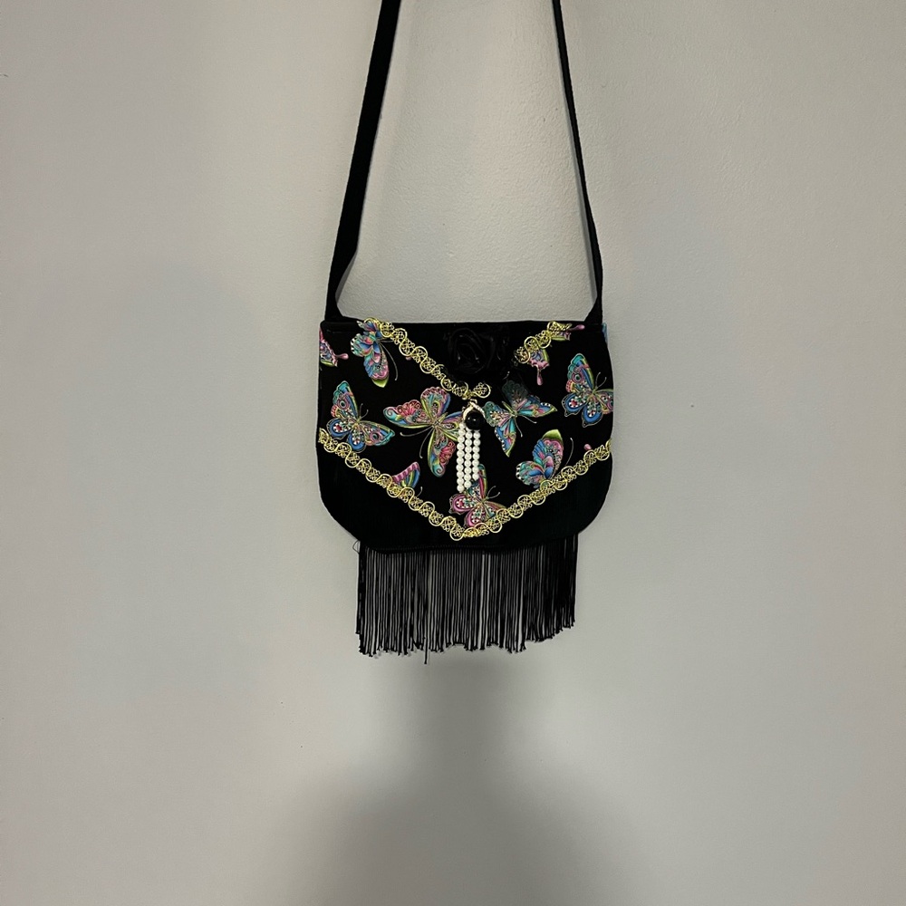 Hand Made Black Butterfly Shoulder Bag with Tassels - Picture 2 of 3